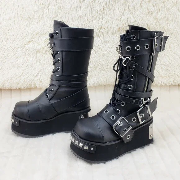 NIB DEMONIA Trashville 250 Multi Strap Goth Punk Rock 3.25 Platform Boot Black
